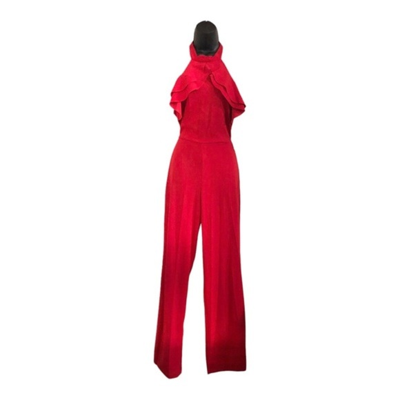 Bebe red Ruffle front belted sleeveless open back Halter Jumpsuit size‎ 2 new - Picture 14 of 15